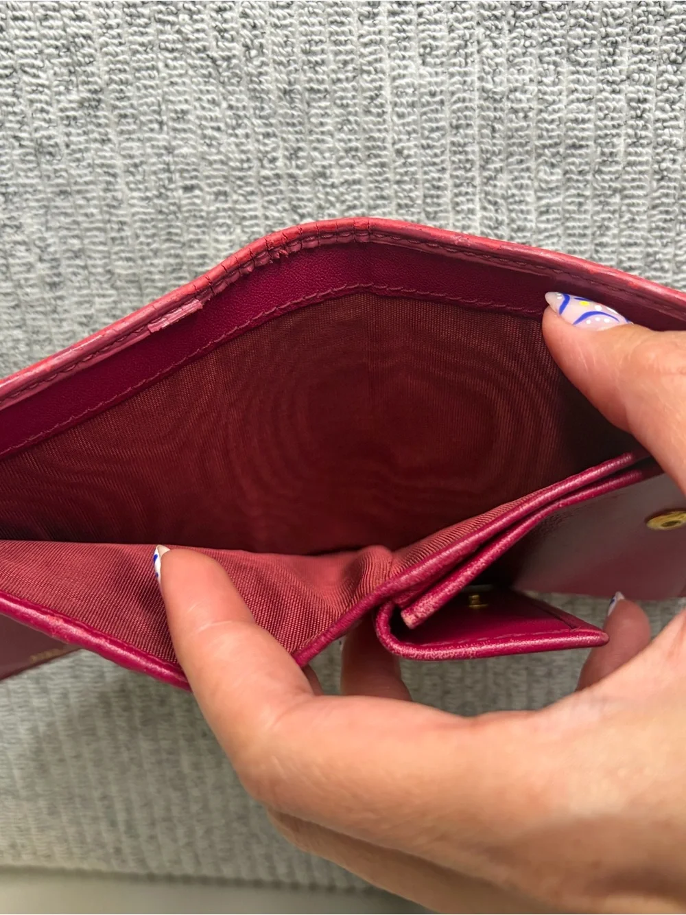 Authentic Prada Saffiano Leather Compact Wallet in deep red/berry/magenta color